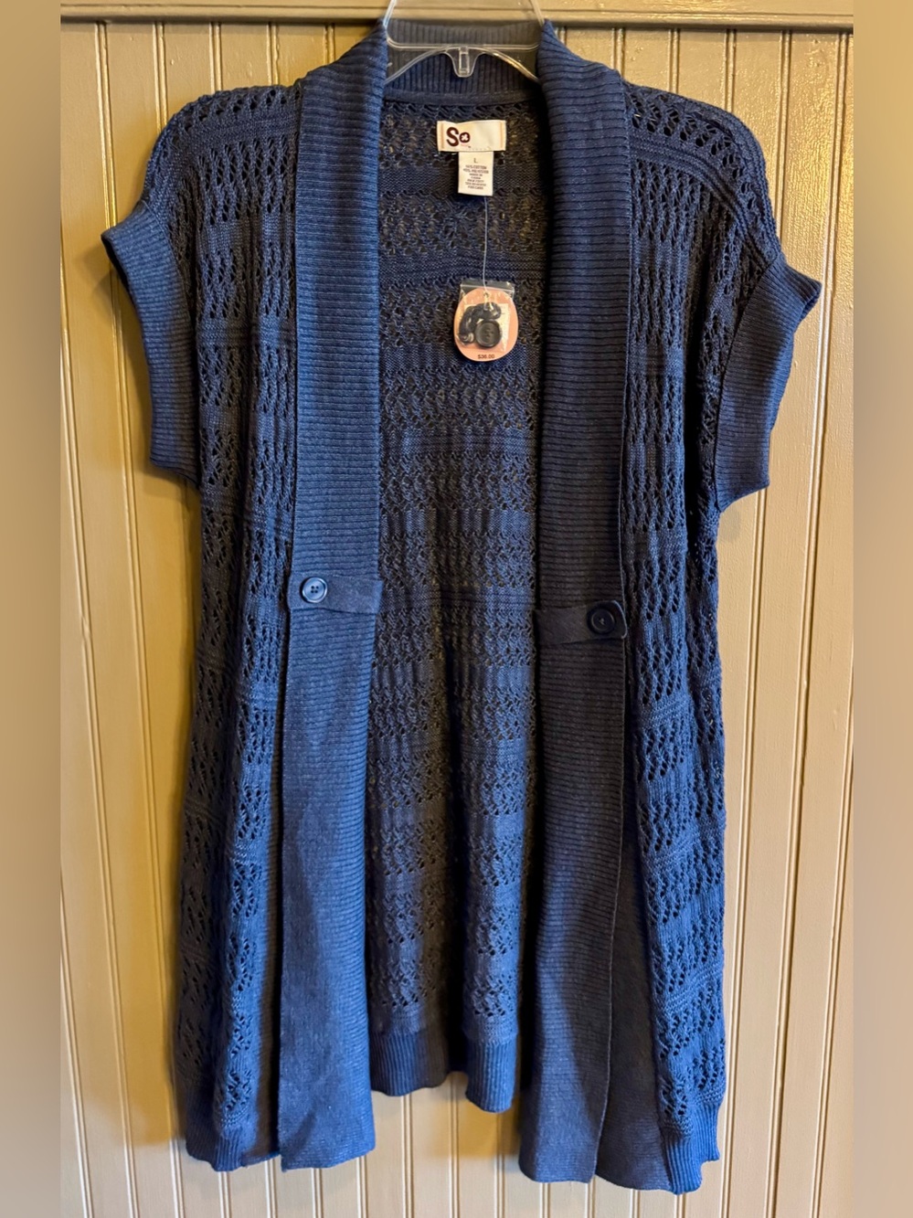 SO Navy Open-Front Short-Sleeve Knit Cardigan Sweater new with tags large